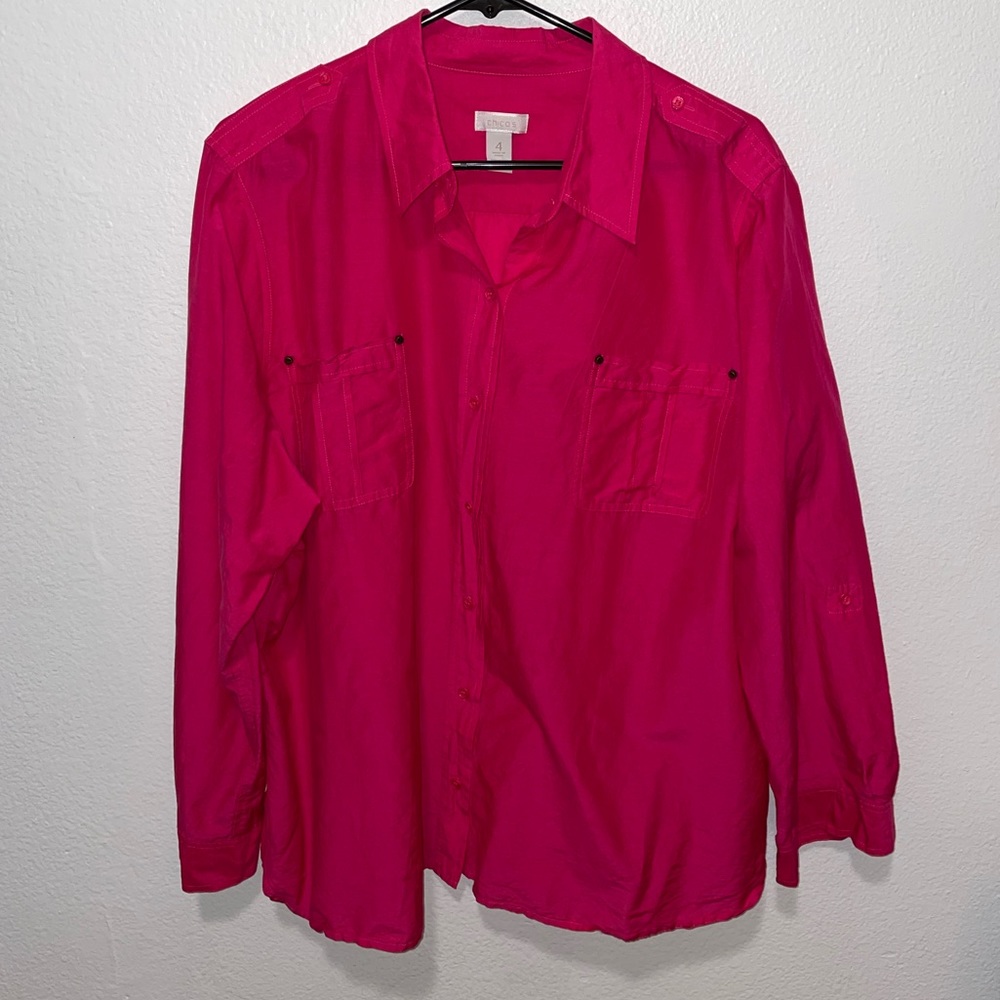 Chico’s Women’s Size 4 Bright Pink Blouse XXL Long Sleeve
